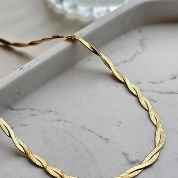 Gold Herringbone Twist Necklace Waterproof Necklace Gorgeous Layering Necklace - Picture 13 of 15
